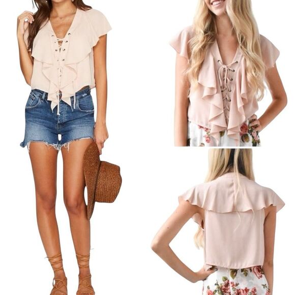 Show Me Your Mumu Dusty Blush Pink Treasure Lace Up Ruffle Crop Top Sz XS NWT - Picture 1 of 16